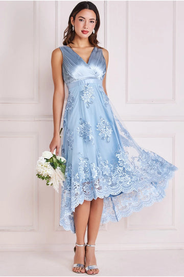 Pleated Satin V Neck High And Low Midi Goddiva